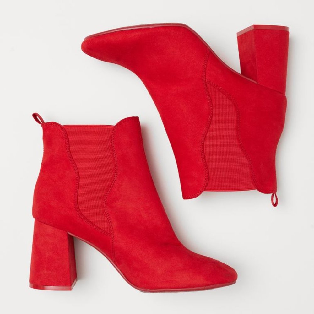 H&M Red Faux Suede Ankle Boots With Elastic Gores